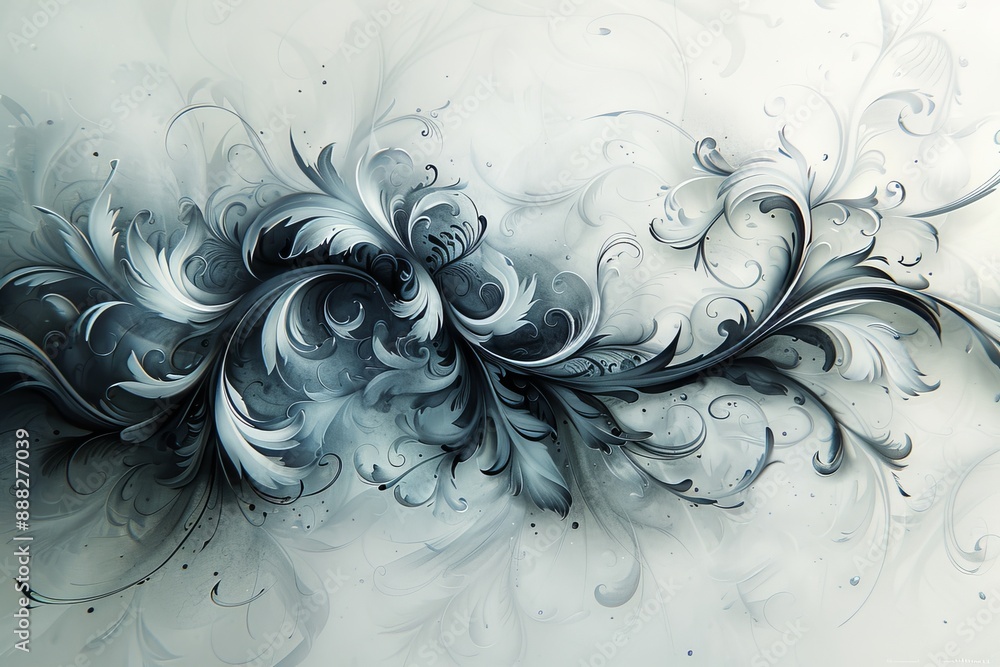 Poster abstract black and white swirl pattern with intricate details, representing fluidity and motion in a