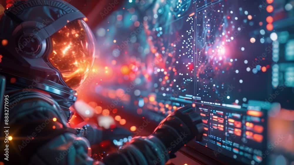 Poster a spacecraft engineer, wearing a spacesuit, monitors the performance of autonomous systems on a larg