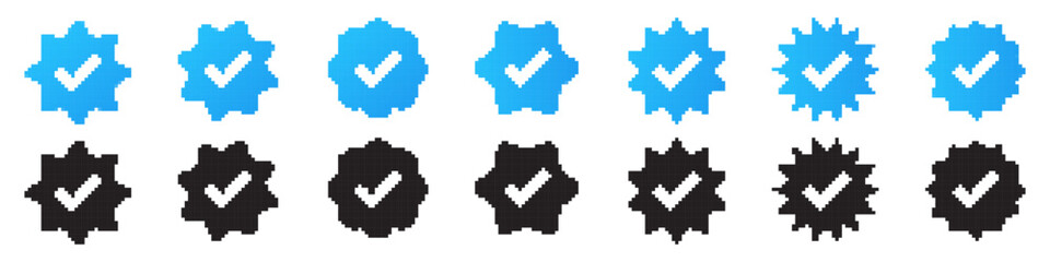 Check mark pixel art icon. Blue check mark. Social media account verification icons. Approved check mark with tick simbol.