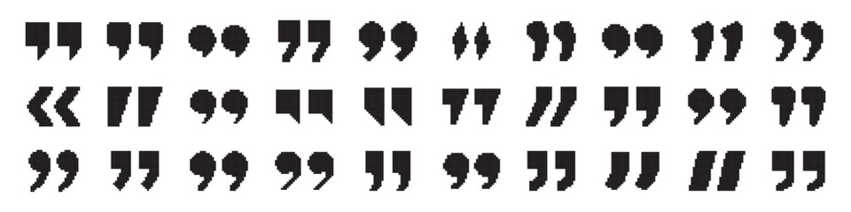Quote mark collection in pixel style. Black quotes icons pixelated. Pixeled Speech mark. Inverted commas symbol.