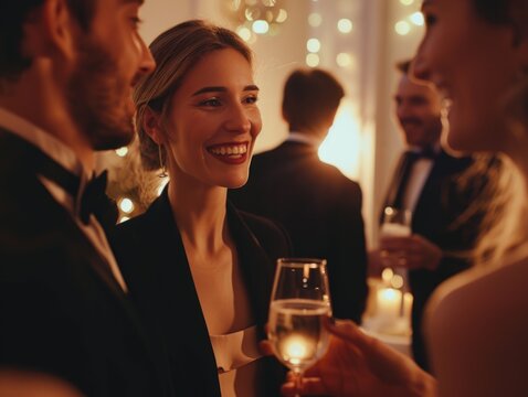 A lady enjoying her glass of wine alongside a gentleman, perfect for romantic dining scene - Powered by Adobe