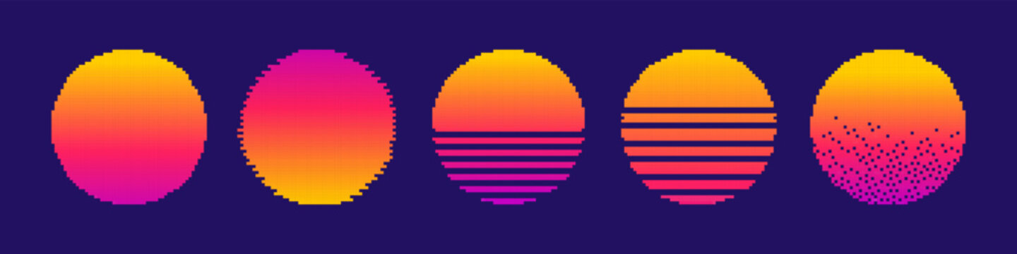 Retro sunset from 80s in pixel style. Vintage 80s neon sun collection. Abstract cyberpunk sun template in gradient. Cyber or sci-fi concept.