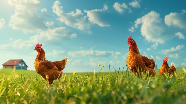 Chicken farm with green grass and clear sky