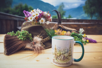 a hunting tradition - the celebration of the trophy after the hunt of a young chamois female at a...