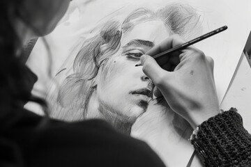 Obraz premium Artist sketching portrait close-up black and white detailed drawing pencil hand sketching creativity concept