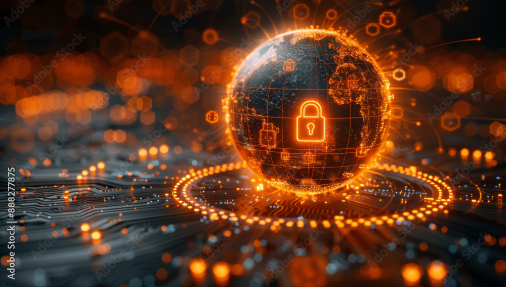 Poster a digital earth with glowing padlock icon on it, surrounded by circuit patterns in the background, s