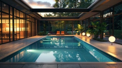 Obraz premium indoor pool in a Suburban Mid-Century Modern home, surrounded by glass walls and subtle landscape lighting