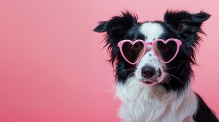 Obraz premium Cute Border Collie dog with pink heart shaped Valentine's day glasses in front of pink background