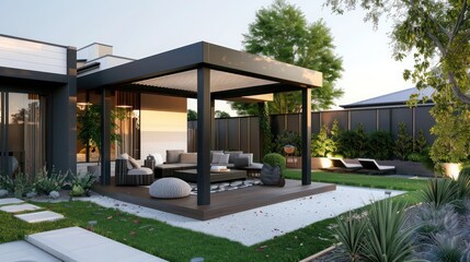 modern gazebo in the backyard of a suburban home, designed with clean lines and a minimalist aesthetic