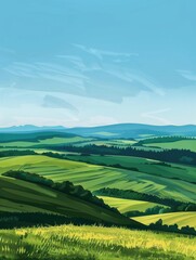 Naklejka premium A tranquil landscape featuring a verdant meadow and rolling hills, perfect for nature-themed projects