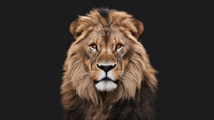Fototapeta premium Majestic Lion Portrait: A powerful lion stares intently into the camera, his golden mane flowing around his head. The dark background emphasizes his regal presence, creating a captivating and intense 