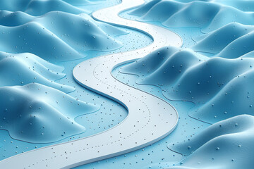 3D render of a white blank smartphone mockup with a curved road leading to it on a blue background, leaving 2/5 of the space for text or copy, in the style of place for text and copy space.