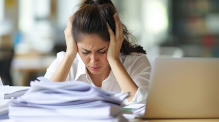 Frustrated businesswoman sitting at her desk, holding her head in her hands, surrounded by paperwork and a laptop