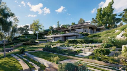 Fototapeta premium Suburban Contemporary home integrated into a hillside, featuring terraced gardens and panoramic views