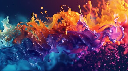 Radiant, colorful liquid streams on a dark, matte background. Radiant explosions of colorful liquids on a clear, neutral background.