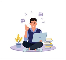 Man guy sitting in his hands laptop studying