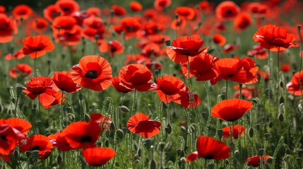 Obraz premium A field of vibrant red poppy flowers in full bloom