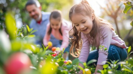 A joyful family Easter egg hunt with children and parents searching for hidden eggs in a lush