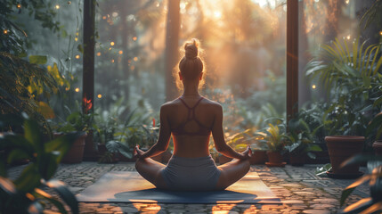 Sunlit Yoga Meditation in Greenhouse Garden Surrounded by Lush Plants Background Wallpaper