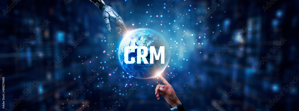 Poster hands of robot and human touching on crm icon global network connection, personalized customer inter
