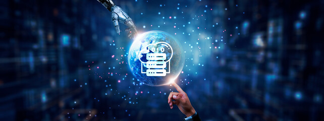 Big data, hands of robot and human touching on data analysis icon global network connection, predictive analytics, machine learning, cloud computing, and artificial intelligence technology.