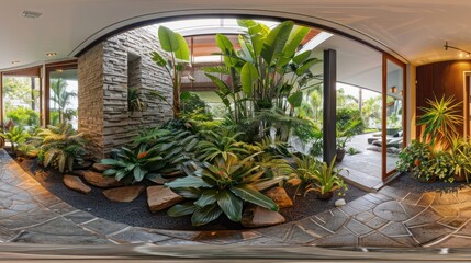 Fototapeta premium panoramic view of a suburban home's modern atrium, filled with tropical plants and natural stone elements