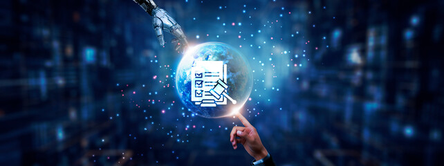 Hands of robot and human touching on compliance icon global network connection, regulatory...