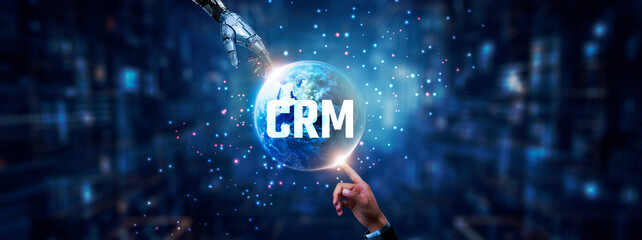 Hands of robot and human touching on CRM icon global network connection, personalized customer...