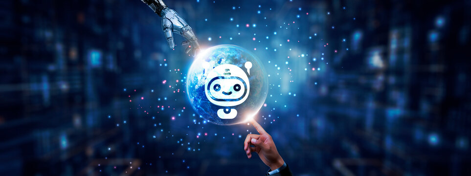 Hands of robot and human touching on chatbots icon global network connection, natural language processing, customer service automation, machine learning, and artificial intelligence technology........