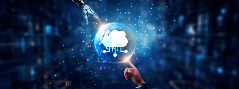 Cloud Computing: Hands of robot and human touching on cloud computing icon global network connection, scalability, cybersecurity, virtualization, automation, and artificial intelligence technology.