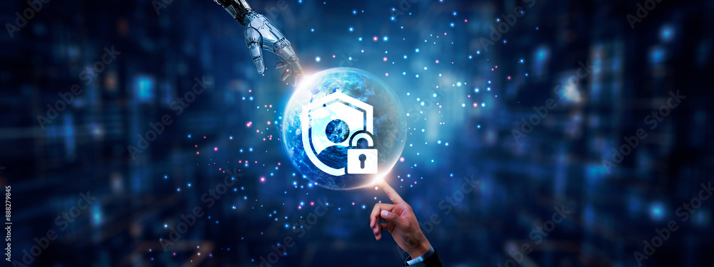 Poster hands of robot and human touching on privacy icon global network connection, data encryption, cybers