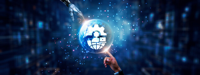 Hands of robot and human touching on network administration, global network connection,...