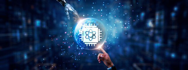 Hands of robot and human touching on quantum computing icon global network connection, advanced...