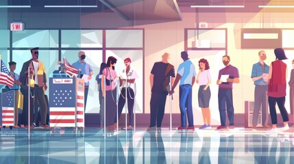 Fototapeta premium Group of american citizens people standing in polling station with USA flags in hands. Voters standing in a queue at vote center getting ballot paper. Election day and democracy concept.