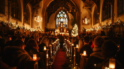 A stunning view down the church aisle at a Christmas church carol service full of people and decorations at night singing hymns.