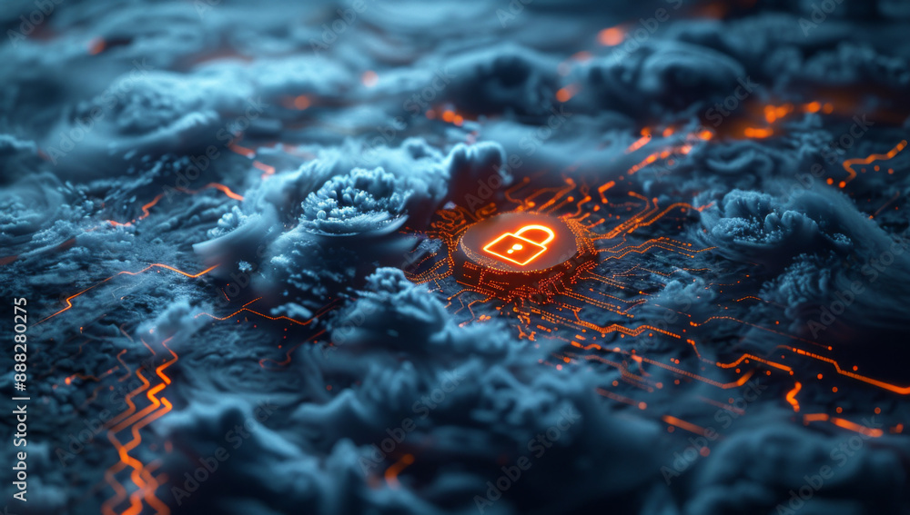 Fototapete a glowing earth with an orange padlock icon floating above it, surrounded by intricate circuit patte