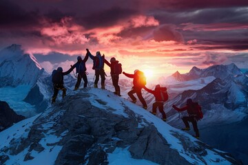 Summit of Success: A team of climbers reaches the peak of a majestic mountain range, silhouetted against a breathtaking sunset. Their triumphant embrace symbolizes teamwork, perseverance, and the ulti