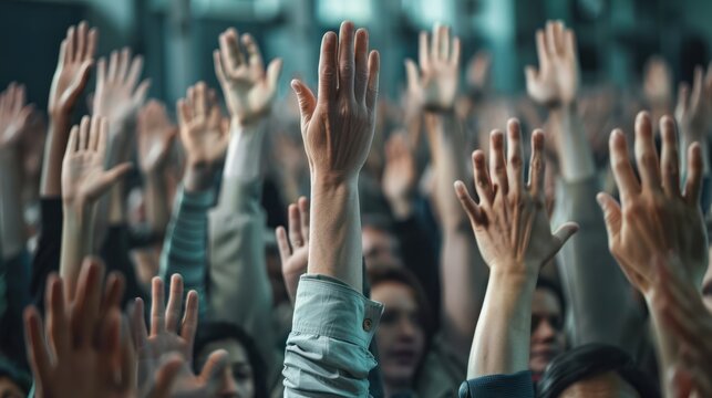 Hands of crowd in air in a vote event in a office room during an executive board meeting.