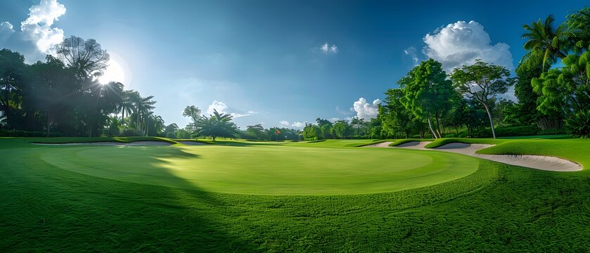 View of a golf course in Thailand with lush green grass, beautiful scenery with sand pits bunker beside the greens and golf holes. blue sky sunny day.