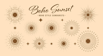 Vintage sunburst, sunset beams collection. Boho style, modern minimalist bohemian design. Hand drawn bursting sun, light rays. Logotype or lettering design element in retro style. Vector illustration