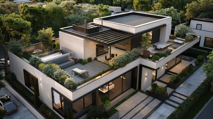 Obraz premium birda??s-eye view of a suburban modern home with an L-shaped layout, featuring a rooftop terrace and minimalist landscaping