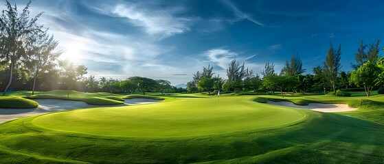 View of a golf course in Thailand with lush green grass, beautiful scenery with sand pits bunker beside the greens and golf holes. blue sky sunny day.