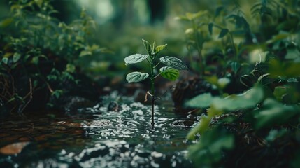 Naklejka premium A tiny green shoot breaks through still waters, symbolizing growth and renewal