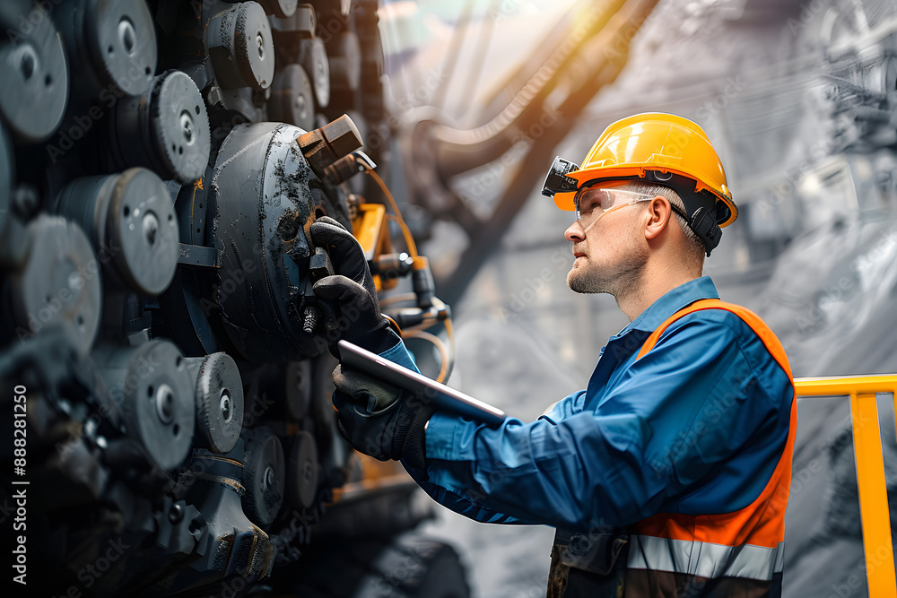 Poster miner operator control with computer tablet drilling machine in coal mine. concept smart industrial 