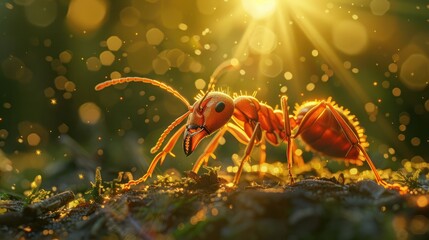 Naklejka premium macro close up photography of forest ant, insect photography, blurred background, sun rays created with generative ai technology