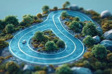 3D render of a simple road with a white smartphone on a blue background, in a minimalistic style, with a simple design, in the style of high resolution photography. 