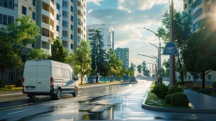Obraz premium 'modern white small courier delivery cargo motorway shipment moving van fast suburb city driving road urban busines express stribution logistics service mini bus highway sunny day transport'
