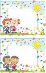 Vector school frame border with happy little schoolchildren, yellow sun and falling colorful autumn leaves