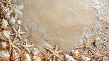 Obraz premium Top View of a Sandy Beach with Exotic Seashells