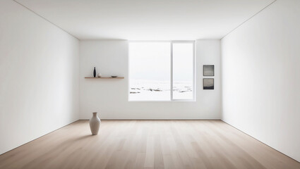 White empty minimalist room interior. A single vase sits on a wooden floor. A white landscape is visible through the window, enhancing the serene and modern aesthetic.